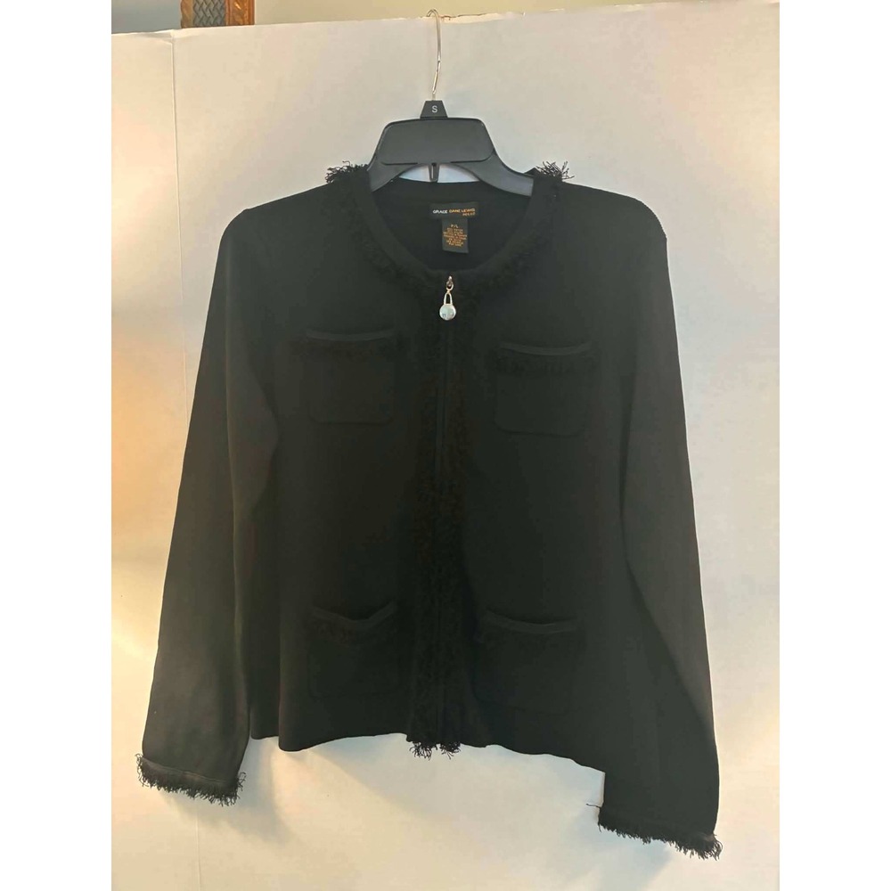 Grace Dane Lewis Petite Black Fringe Zip Front Cardigan Knit Jacket P/L